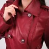 Womens Belted Long Red Leather Trench Coat Buttoned