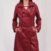 Womens Belted Long Red Leather Trench Coat Main
