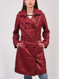 Womens Belted Long Red Leather Trench Coat Main