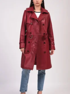 Womens Belted Long Red Leather Trench Coat Open