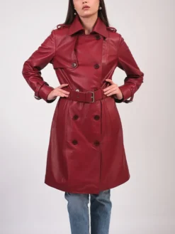 Womens Belted Long Red Leather Trench Coat Stand