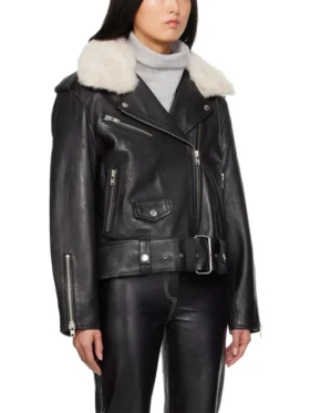 Women’s Biker Black Leather Jacket With Fur Side