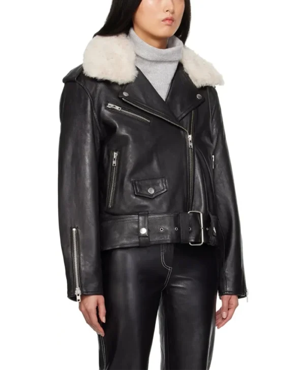 Women’s Biker Black Leather Jacket With Fur Side