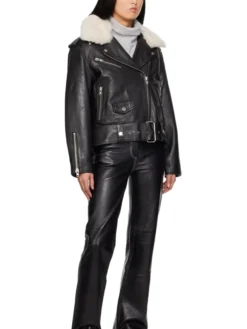 Womens Biker Black Leather Jacket With Fur Stand