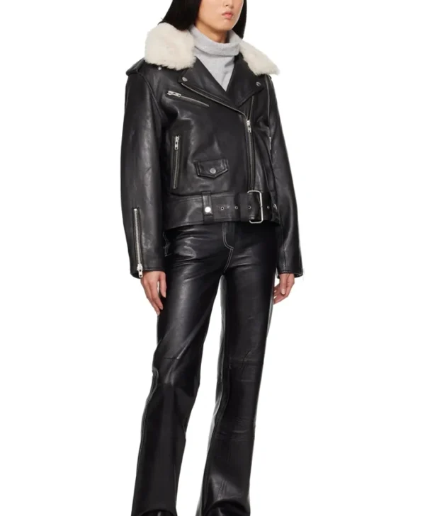 Women’s Biker Black Leather Jacket With Fur Stand
