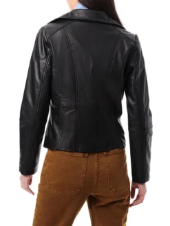 Womens Black Asymmetrical Biker Leather Jacket Back