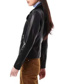 Womens Black Asymmetrical Biker Leather Jacket Right