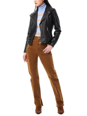 Women’s Black Asymmetrical Biker Leather Jacket Stand