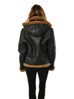 Womens Black B3 Hooded Leather Bomber Jacket Back