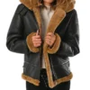 Womens Black B3 Hooded Leather Bomber Jacket Closure