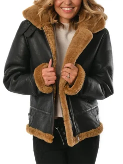 Womens Black B3 Hooded Leather Bomber Jacket Closure