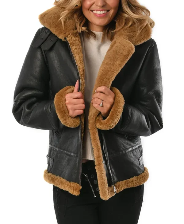 Womens Black B3 Hooded Leather Bomber Jacket Closure