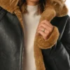 Womens Black B3 Hooded Leather Bomber Jacket Collar