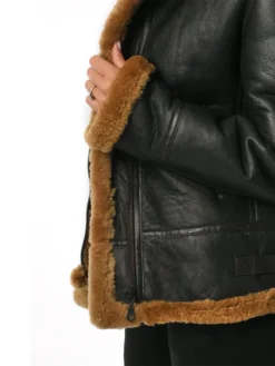 Womens Black B3 Hooded Leather Bomber Jacket Cuffs