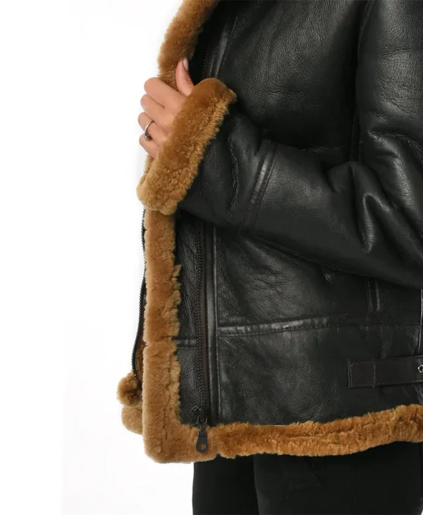 Womens Black B3 Hooded Leather Bomber Jacket Cuffs