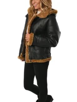 Womens Black B3 Hooded Leather Bomber Jacket Side