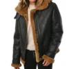 Womens Black B3 Hooded Leather Bomber Jacket Stand
