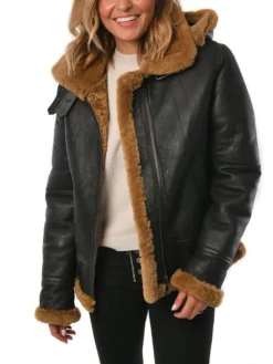 Womens Black B3 Hooded Leather Bomber Jacket Stand