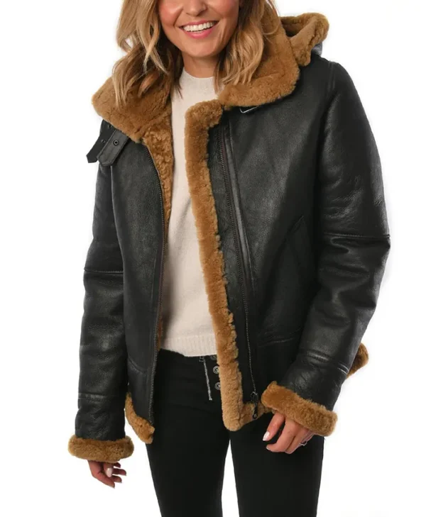 Womens Black B3 Hooded Leather Bomber Jacket Stand