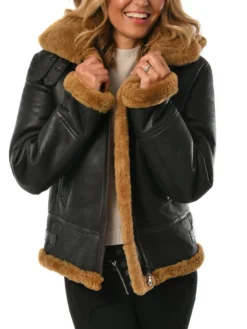 Womens Black B3 Hooded Leather Bomber Jacket Style