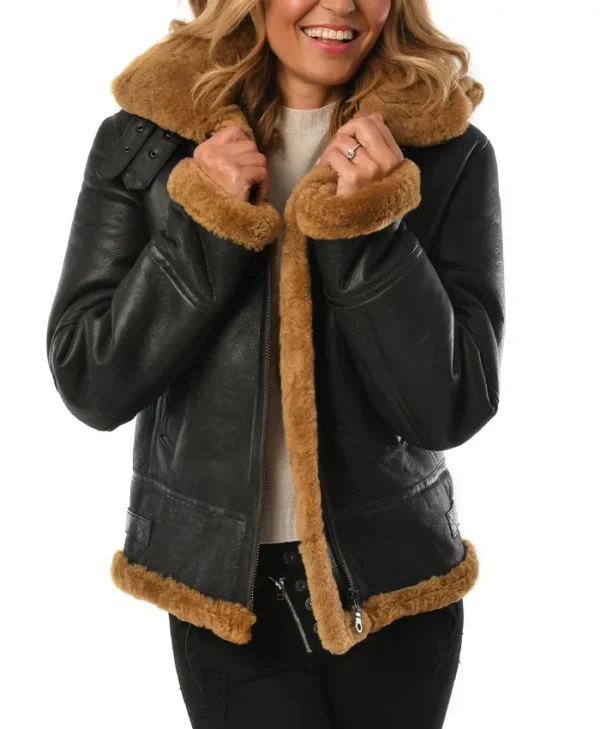 Womens Black B3 Hooded Leather Bomber Jacket Style