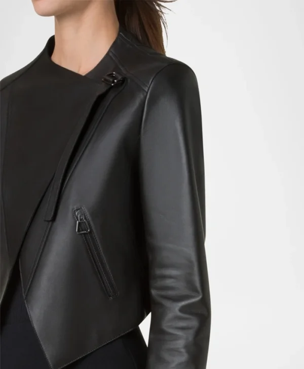 Womens Black Lambskin Biker Style Jacket Belt
