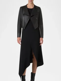 Womens Black Lambskin Biker Style Jacket Stand Up