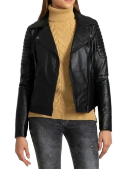 Womens Black Leather Biker Jacket 1