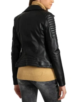 Womens Black Leather Biker Jacket Back