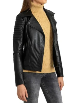 Womens Black Leather Biker Jacket Left Side