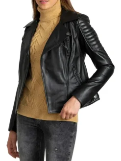 Womens Black Leather Biker Jacket Side