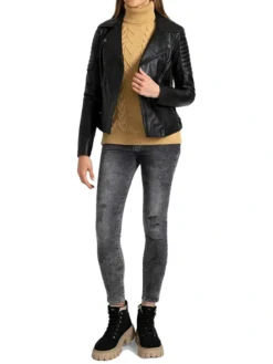 Womens Black Leather Biker Jacket Stand Up