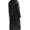 Womens Black Leather Long Trench Coat With Lapel Collar Back