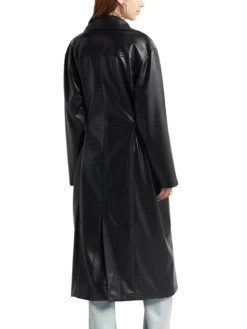 Womens Black Leather Long Trench Coat With Lapel Collar Back