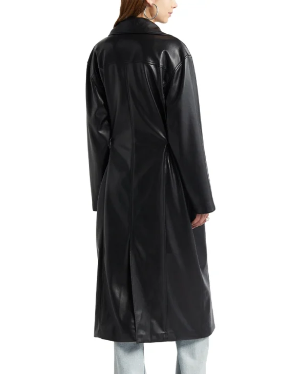 Womens Black Leather Long Trench Coat With Lapel Collar Back