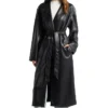 Womens Black Leather Long Trench Coat With Lapel Collar Front