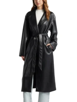 Womens Black Leather Long Trench Coat With Lapel Collar Front