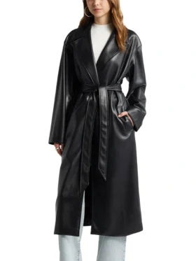 Womens Black Leather Long Trench Coat With Lapel Collar Front