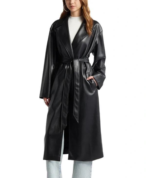 Womens Black Leather Long Trench Coat With Lapel Collar Front