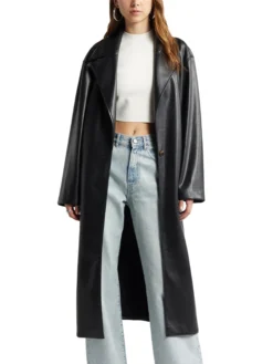 Womens Black Leather Long Trench Coat With Lapel Collar Main