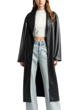 Womens Black Leather Long Trench Coat With Lapel Collar Main