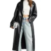 Womens Black Leather Long Trench Coat With Lapel Collar Sleeves