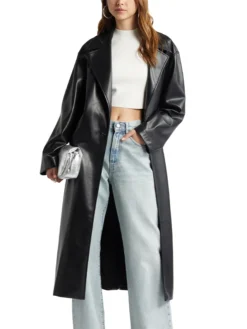 Womens Black Leather Long Trench Coat With Lapel Collar Sleeves