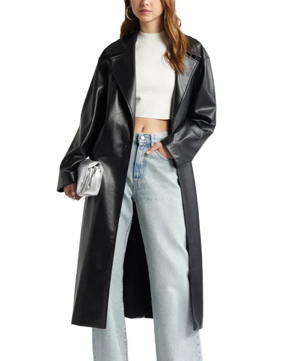 Womens Black Leather Long Trench Coat With Lapel Collar Sleeves