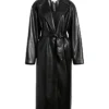Womens Black Leather Long Trench Coat With Lapel Collar Style