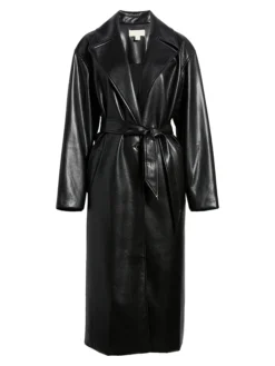 Womens Black Leather Long Trench Coat With Lapel Collar Style