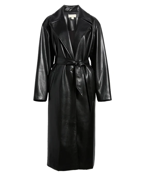 Womens Black Leather Long Trench Coat With Lapel Collar Style