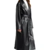 Womens Black Leather Long Trench Coat With Lapel Collar Walk