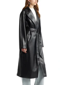 Womens Black Leather Long Trench Coat With Lapel Collar Walk