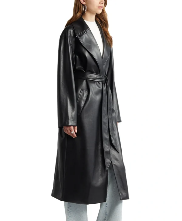 Womens Black Leather Long Trench Coat With Lapel Collar Walk